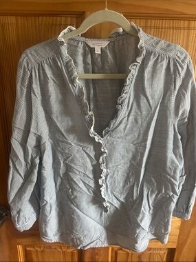 LC Lauren Conrad Blue & White Pinstripe Ruffle V-Neck Blouse
